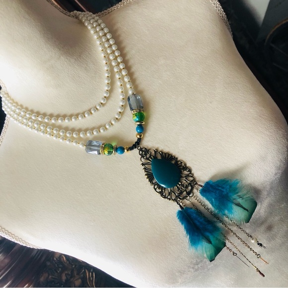 Hand Crafted Jewelry - Handcrafted filigree teardrop Czech Pearl genuine emerald stone clasp necklace